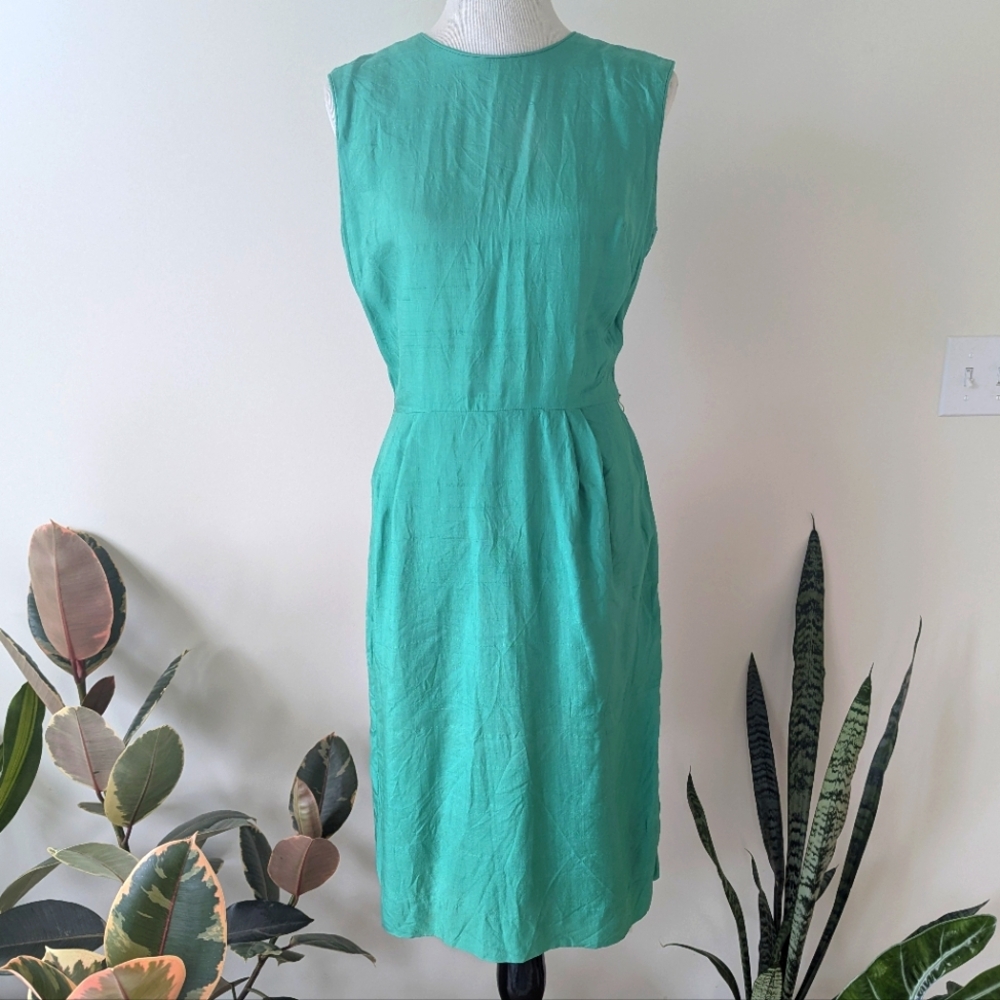 Vintage 60s Green Silk Sheath Dress Medium